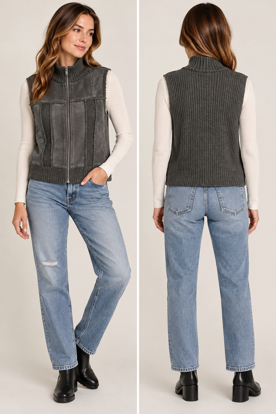 Designers Originals Womens Suede Vest Size L Green Full Zip Knit Back High Neck